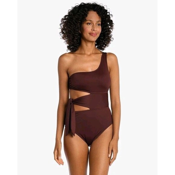 La Blanca Island Goddess Shoulder Tummy Control One Piece Swimsuit Black 8 NWT - Picture 1 of 6